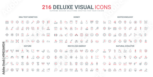 Recycling new technology, ideas to protect environment, ESG line icon set. Natural flora and fauna, farm apiary and honey products, genetics thin black and red outline symbols vector illustration