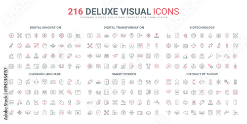 Biotechnology research and experiment, language school line icon set. Development of future digital technology, data transformation, smart devices thin black and red outline symbol vector illustration