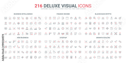 New business and startup rocket launch, business intelligence for ideas and solutions line icon set. Growth scaling, income and crypto investment thin black and red outline symbols vector illustration