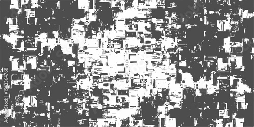 abstract black and white glitch texture with digital noise distortion and fragmented geometric data patterns
