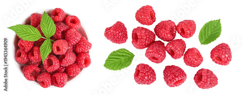 Ripe raspberries in ceramic bowl isolated on a white background. Top view. Flat lay