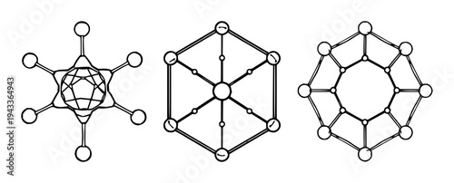 Molecular structure set with fine line art design featuring a hexagonal formation, scientific concept, biology with chemistry and geometric shapes