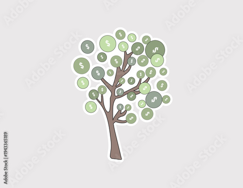 Money tree with dollar signs sticker; suitable for financial growth apps, passive income icons, wealth accumulation branding, and charity fundraising marketing