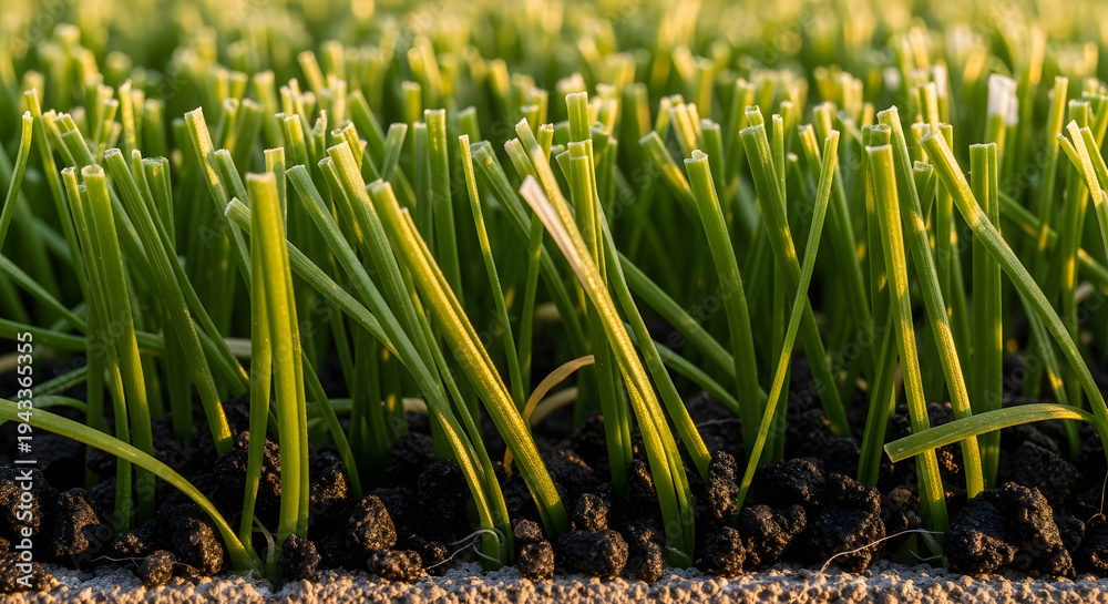 Obraz premium Close-up of high-quality artificial grass with black rubber infill pellets | Synthetic turf for sports fields and residential landscaping | Durable green fake grass texture | Modern lawn alternative