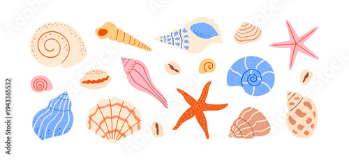 Marine sea ocean set of shells in doodle naive style