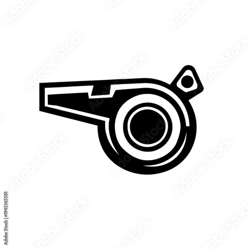 Striking black and white stylized vector icon of a classic whistle, perfect for depicting sports referees, coaches, safety signals, and official calls. This crisp, bold graphic represents auditory ale
