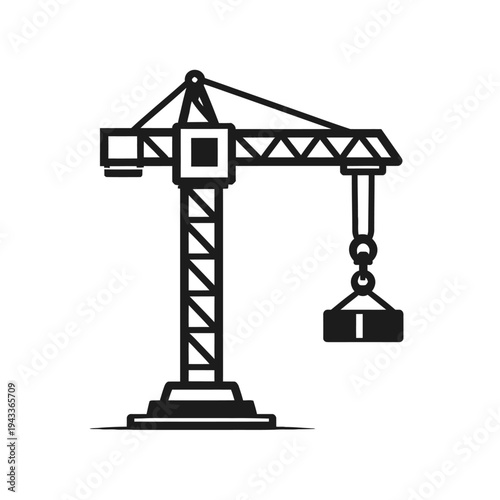 Black and white vector icon of a tower crane with a suspended load, illustrating modern construction, heavy lifting operations, and vital industrial development. Essential equipment for building sites