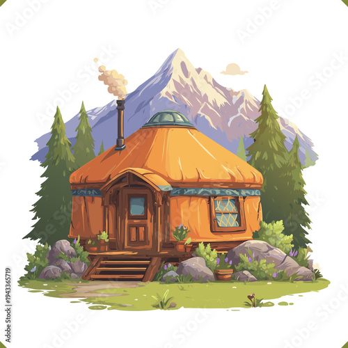 Vector illustration of a cozy yurt cabin in mountain forest with wooden deck and chimney smoke, isolated on a white background