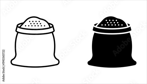 Grain sack icon set in outline and silhouette style, representing agriculture, farming, harvest, and food supply, vector illustration.
