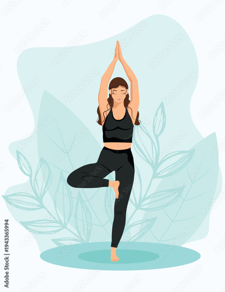 Fototapeta premium Young woman doing yoga tree pose, balance and mindfulness concept. Flat vector illustration