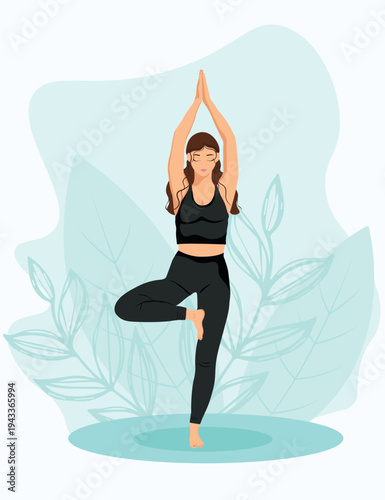 Young woman doing yoga tree pose, balance and mindfulness concept. Flat vector illustration