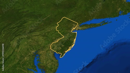 New Jersey high resolution 4k satellite earth map zoom cinematic animation 3d drop shadow highlighting American state borders for US travel tourism geography and geopolitical national news broadcast