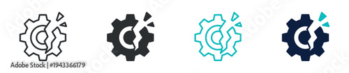 Broken gear icon set, damaged cogwheel maintenance error repair symbol, outline and solid and color style. Vector illustration.