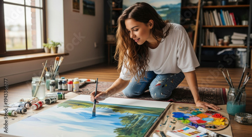 Wallpaper Mural a woman sitting on the floor with a paintbrush in her hand and a canvas in front of her with a seren Torontodigital.ca