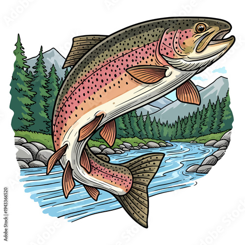 Rainbow trout jumping over river in mountain forest vintage illustration