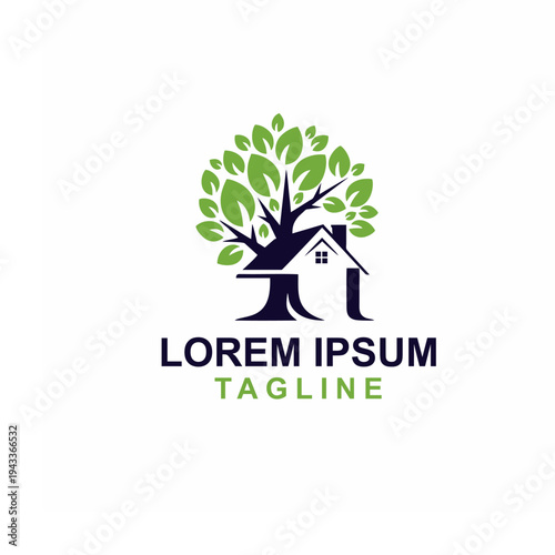 Green Tree and House Logo Symbolizing Home and Real Estate on an Isolated White Background