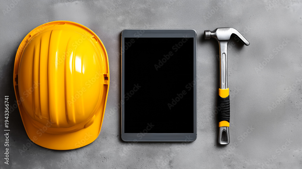 custom made wallpaper toronto digitalwork plan, a Labor Day banner idea, featuring a construction helmet, a carpenter's hammer, and a tablet with a blank screen