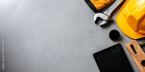 Wallpaper Mural Labor Day poster featuring construction tools, a hard hat, and a tablet on a neutral gray background, with copy space for text Torontodigital.ca