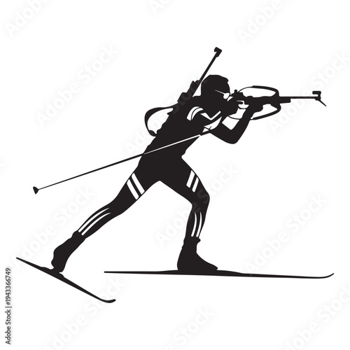 Biathlon Athlete Skiing and Shooting Rifle – Winter Sports Silhouette Vector Illustration
