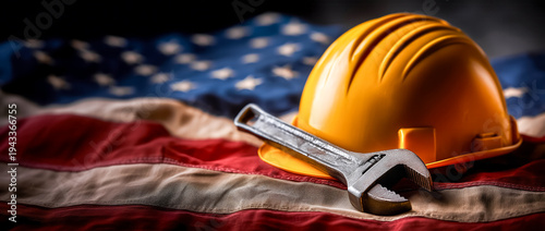 Wallpaper Mural A construction worker's helmet and an adjustable wrench rest on an American flag, a poster concept for Labor Day with copy space for text Torontodigital.ca