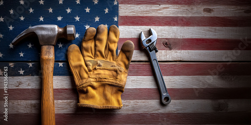 Wallpaper Mural Construction tools and work gloves on a table decorated with an American flag, a Labor Day poster, copy space for text Torontodigital.ca