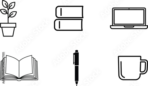 A set of six line icons including plant books laptop open book pen and coffee mug isolated on transparent background