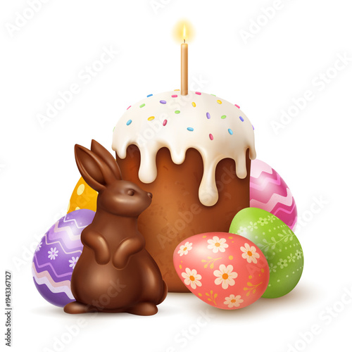 Traditional Easter cake with icing and candle surrounded by decorated eggs and chocolate bunny. Festive spring composition isolated on light background for holiday designs.