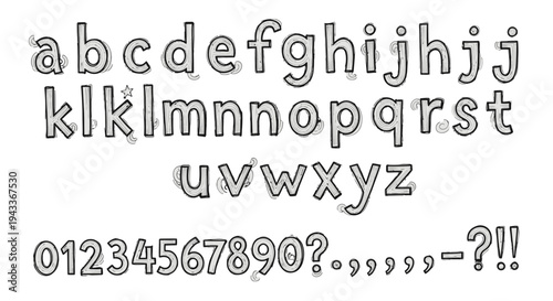 A creative set of hand drawn alphabet and numbers featuring a grunge doodle sketch design for unique typography and vector sign illustration