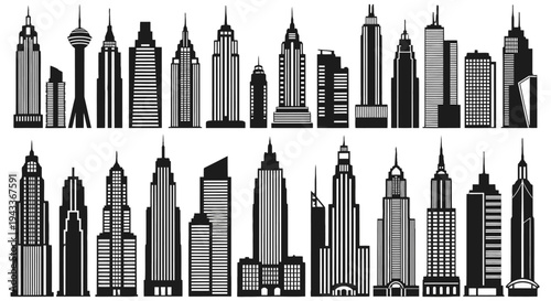 A vector illustration of a modern city skyline featuring black skyscraper silhouettes and urban architectural towers designed as a downtown business landmark