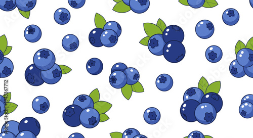 Seamless pattern of fresh organic blueberries and blue and white balls with green leaves isolated on a white background for a healthy dessert snack