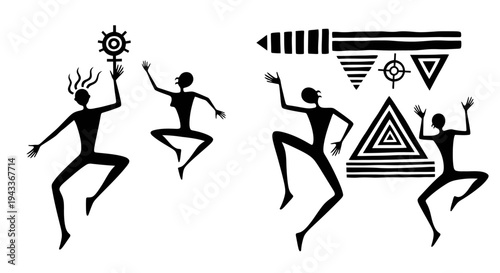 A vector illustration depicts the evolution of dancing silhouettes from a child and boy to a woman, capturing the artistic motion of people jumping to music in black body art 