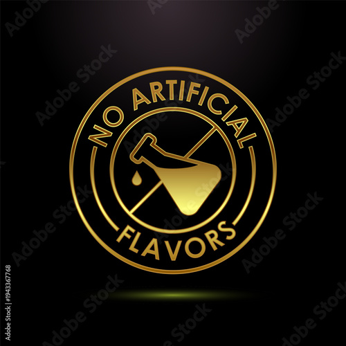 No artificial flavors golden circular badge with chemical flask icon