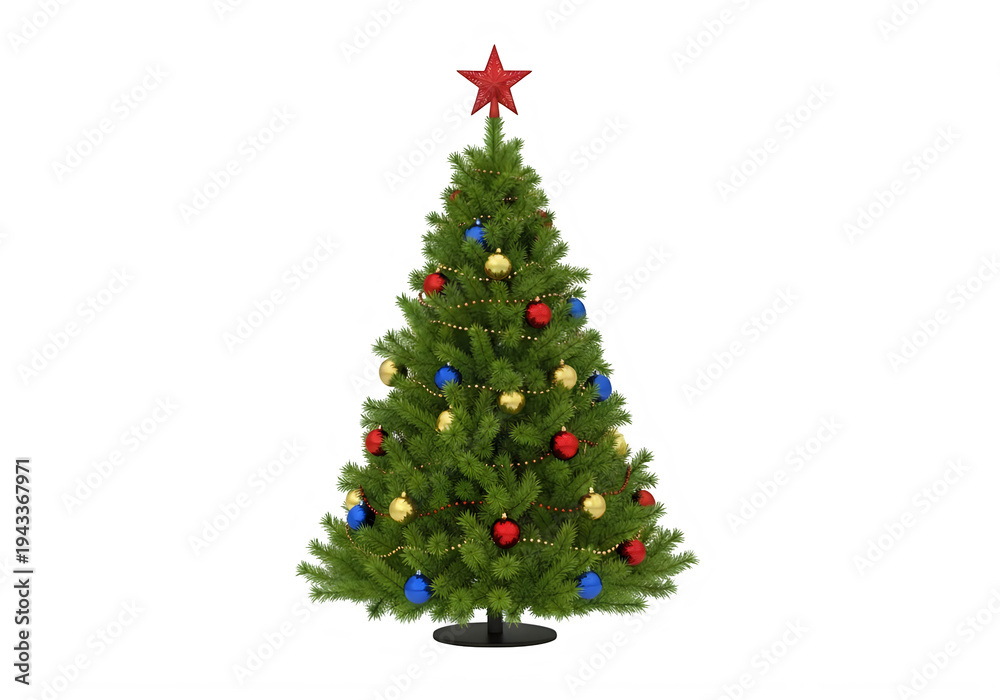Fototapeta premium A festive christmas tree adorned with colorful lights and a red star on top isolated on transparent background