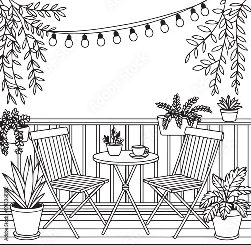 Black and white of a balcony with chairs table and potted plants