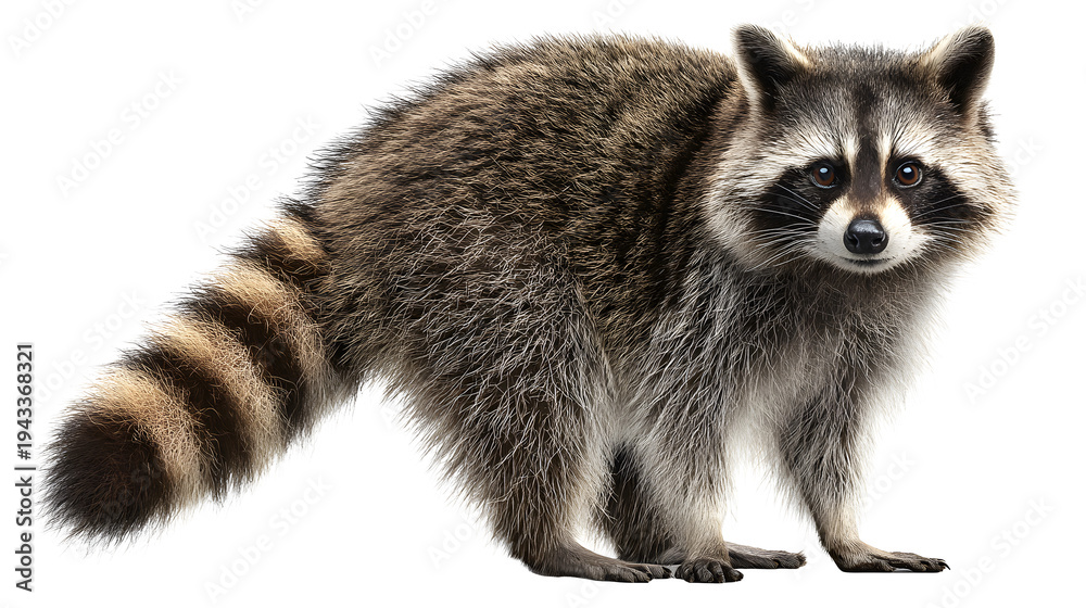 Fototapeta premium Ultra realistic HD raccoon standing upright furry tail curious face, isolated on white background