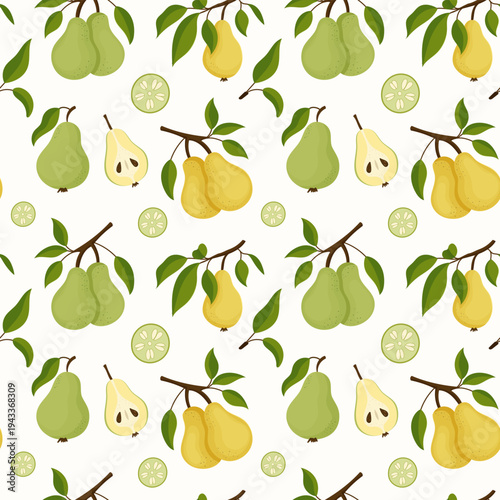 Fresh pears, sliced, and leaves adorn a clean, repeating pattern