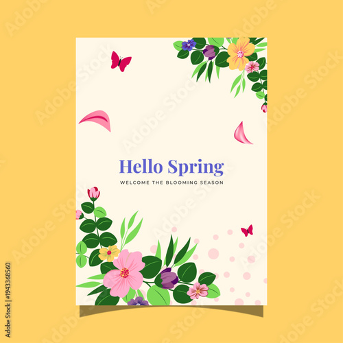 Spring pastel floral greeting card design with soft blooming flowers background poster template