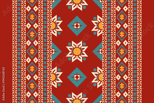 Red Ethnic Ikat Seamless Pattern with Sun Motifs and Geometric Borders.Traditional Tribal Kilim Design Folk Ornament.Bohemian Aztec Style Textile Pattern with Stripes.Seamless for Fashion and Decor.