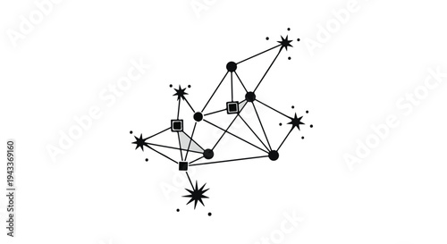 Black and white constellation network diagram with connected stars and dots on white background, representing astronomy, space, or connection concepts
