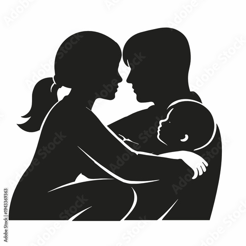 Black silhouette of a mother embracing an older child while holding a baby, showing sibling closeness, maternal care and secure family attachment in minimalist vector style.