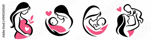 Collection of four motherhood line icons showing pregnancy, mother with baby, nursing, and care. Stylish vector set for maternity, parenting, love, and family branding.
