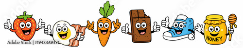 Horizontal banner of cheerful food mascots including strawberry, egg, carrot, chocolate bar, water drop and honey jar. Colorful flat vector set for nutrition, menu and packaging design.