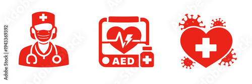 Red healthcare icons featuring doctor portrait, AED device and protected heart with virus shapes. Medical response, cardiac rescue and infection awareness concept for hospital visuals.