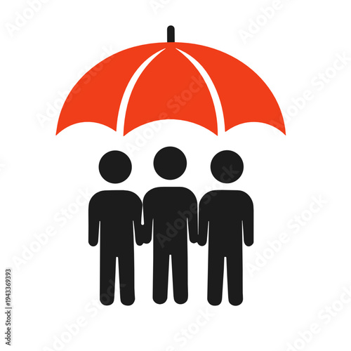 People standing under a large umbrella with a medical heart symbol above them. Healthcare vector illustration for insurance coverage, family protection, safety and community care concept.