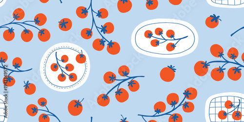 Doodle Mediterranean cherry tomato on plate seamless pattern. Hand-drawn illustrations set of tomato vines. Red cherries on a plate. Italian dinner menu. Blue and red colors. Simple sketch local food