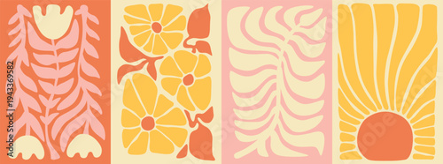 Solar and floral minimal 60s 70s retro naive minimal poster set. Radial summer banner, invitation, print. Simple yellow, pink, orange shape background, wave illustration. Stripes, wavy shape.