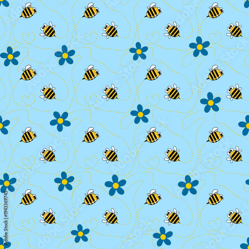 Very cheerful seamless pattern featuring honeybees and flowers on blue background