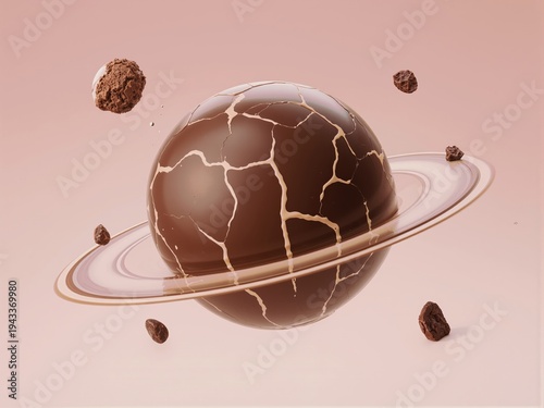 Cracked Chocolate Planet with Caramel Rings and Asteroids