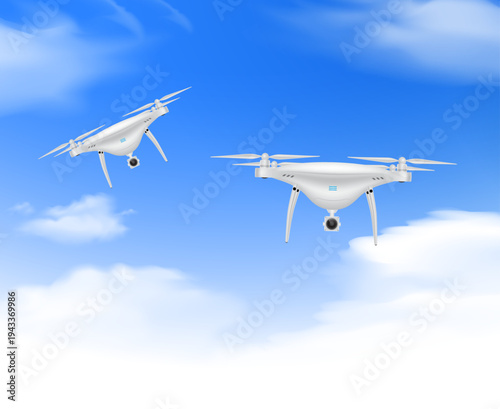 Two Modern White Drones Flying in a Blue Sky with Clouds Illustration
