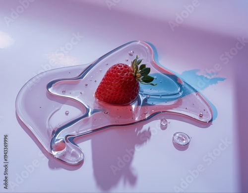 Red Strawberry on a Wavy Clear Gel with Abstract Light and Shadows